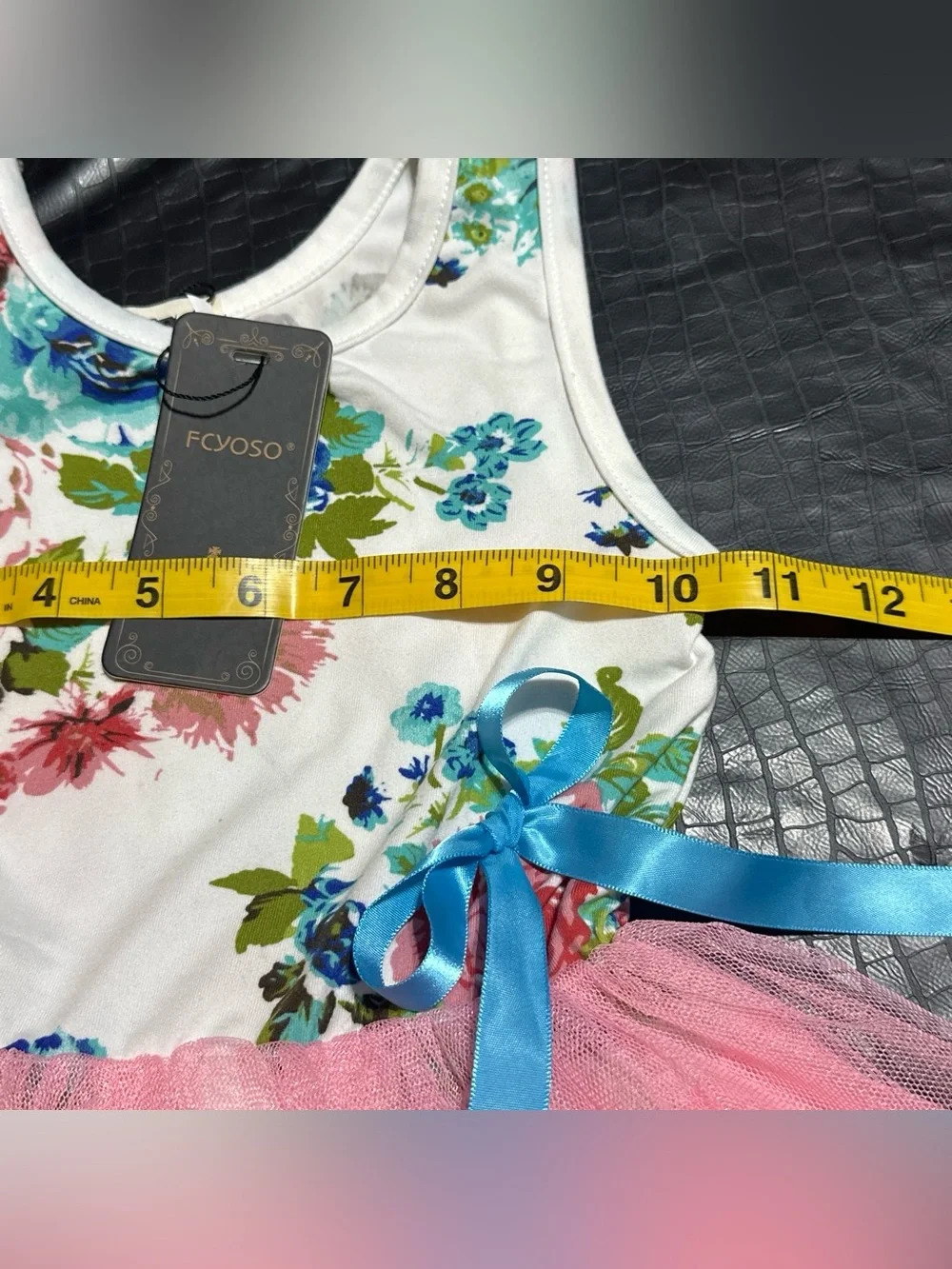 Floral Tank Dress with Pink Tulle Skirt and Blue Ribbon